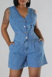 Street V Neck Sleeveless Pocket Buckle Buttons Zipper Denim Vest Tops And Shorts Two Pieces Shorts Set