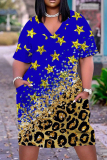 Casual Flag Star Print V Neck Short Sleeve Baggy T-shirt Midi Dresses