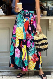 Casual Fruit Print High Waist Type A Lace Up Loose Ruffle Hem Vacation Maxi Skirt