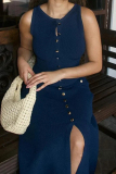 Casual O Neck Sleeveless Buckle Formal Business Wear Straight Slim Fit Maxi Dress