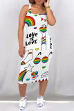 Casual Rainbow Color Graffiti Print U Neck Sleeveless Bodycon Midi Tank Dresses