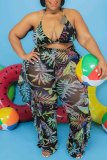Sexy Tropical Print Lace Up See-Through Backless Bikini Sets Cover Up Ruffle Trim Pants Swimsuit Beach Vacation Three Piece Set