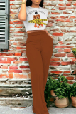 Casual Animal Print O Neck Short Sleeve Pocket Crop T-shirt  And Straight Leg Pants Two Pieces Tourser Sets