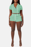 Casual Sportswear Zipper Short Sleeve Hooded Crop Tops And Shorts Two Pieces Shorts Sets