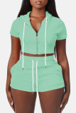 Casual Sportswear Zipper Short Sleeve Hooded Crop Tops And Shorts Two Pieces Shorts Sets
