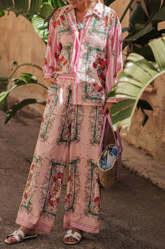 Casual Floral Print Pocket Turndown Collar Long Sleeve Shirt And Wide Leg Pants Two Pieces Tourser Sets Casual Floral Print Pocket Turndown Collar Long Sleeve Shirt And Wide Leg Pants Two Pieces Tourser Sets