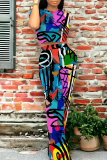 Casual Graffiti Print Pocket O Neck Short Sleeve Crop T-shirt  And Straight Leg Pants Two Pieces Tourser Sets