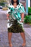 Casual Leopard Print V Neck Short Sleeve Baggy T-shirt Midi Dresses