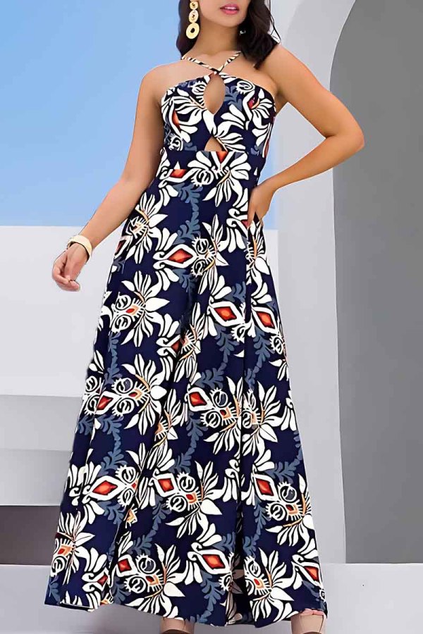 Sexy Graphics Print Backless Spaghetti Strap Hollow Out Cinch Waist Formal Vacation A Line Maxi Dresses