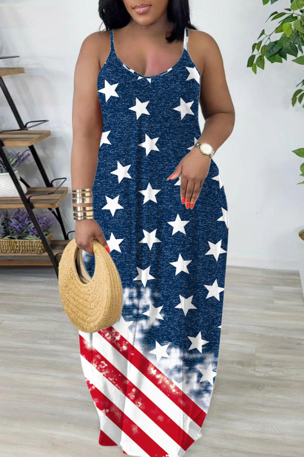 Sexy Flag Star Print Backless Spaghetti Strap Sleeveless Long Vacation Baggy Sundress Slip Maxi Dress