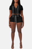 Casual Sportswear Zipper Short Sleeve Hooded Crop Tops And Shorts Two Pieces Shorts Sets