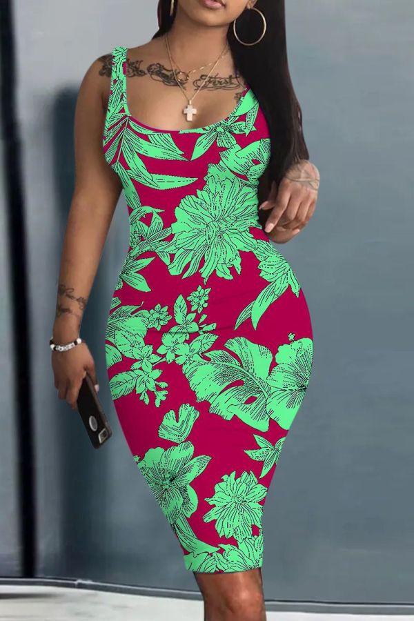 Casual Floral Print Sleeveless U Neck Vest Bodycon Midi Tank Dresses