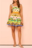 Casual Fruit Print Backless Spaghetti Strap Sleeveless Bow Tie Tiered Ruffle Hem Hollow Out Lace Up Vacation Party Cami Mini Dresses
