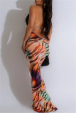 Sleeveless Floor Length Sexy Print Lace V Neck Mermaid Hem Backless Patchwork Spaghetti Strap Long Cami Bodycon Maxi Dresses
