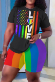 Casual Flag Star Print Basic O Neck Short Sleeve Oversize T-shirt And Shorts Two Pieces Shorts Sets