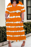 Casual Striped Print V Neck Short Sleeve Pockets Baggy Plus Size T-shirt Midi Dresses