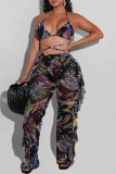 Sexy Tropical Print Lace Up See-Through Backless Bikini Sets Cover Up Ruffle Trim Pants Swimsuit Beach Vacation Three Piece Set