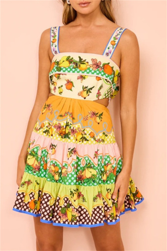 Casual Fruit Print Backless Spaghetti Strap Sleeveless Bow Tie Tiered Ruffle Hem Hollow Out Lace Up Vacation Party Cami Mini Dresses