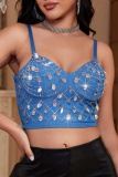 Sexy Sequins Hot Drill Decor Backless Spaghetti Strap Cami Crop Tops