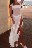 Sexy Short Sleeve Square Neck See-Through Mesh Front Slit Long Beach Vacation Maxi Dresses