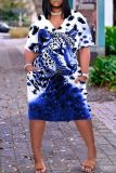 Casual Animal Print V Neck Short Sleeve Baggy T-shirt Midi Dresses