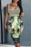 Casual Tropical Plants Print Basic Vest Bodycon Midi Tank Dresses