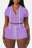 Casual Sportswear Zipper Short Sleeve Hooded Crop Tops And Shorts Two Pieces Shorts Sets