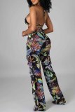 Sexy Tropical Print Lace Up See-Through Backless Bikini Sets Cover Up Ruffle Trim Pants Swimsuit Beach Vacation Three Piece Set