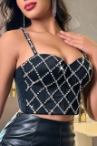 Sexy Rhombus Hot Drill Decor Backless Spaghetti Strap Cami Crop Tops
