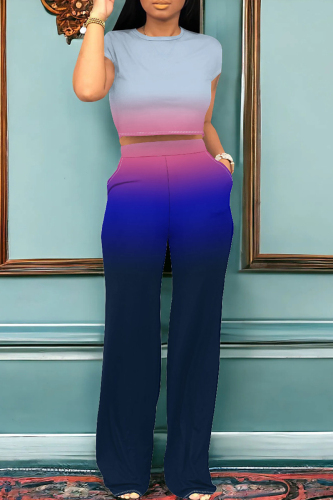 Casual Ombre Print O Neck Short Sleeve Pocket Crop T-shirt  And Straight Leg Pants Two Pieces Tourser Sets