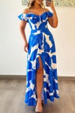 Casual Leaf Print Backless Off Shoulder Ruffle Trim Front Slit Long Vacation Swing Maxi Dress