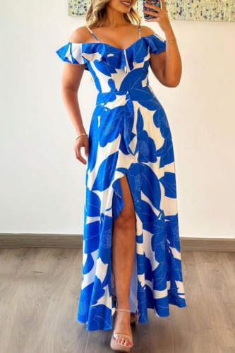 Casual Leaf Print Backless Off Shoulder Ruffle Trim Front Slit Long Vacation Swing Maxi Dress