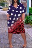 Casual Flag Star Print V Neck Short Sleeve Baggy T-shirt Midi Dresses