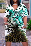 Casual Leopard Print V Neck Short Sleeve Baggy T-shirt Midi Dresses