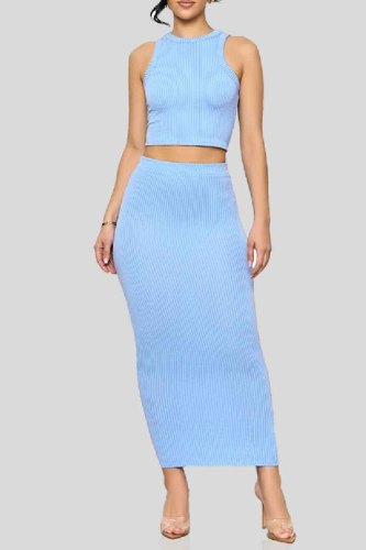 Casual O Neck Sleeveless Tank Crop Tops And Maxi Skirt Two Pieces Dress Sets