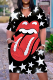 Casual Lips Print Basic V Neck Short Sleeve Baggy T-shirt Midi Dresses