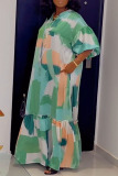 Casual Graphics Print Tie Neck Hubble-Bubble Sleeve Lace Up Ruffle Hem Baggy Floor Length Vacation Maxi Dresses