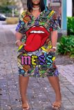 Casual Lips Print Basic V Neck Short Sleeve Baggy T-shirt Midi Dresses