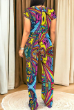Casual Graffiti Print Pocket O Neck Short Sleeve Crop T-shirt  And Straight Leg Pants Two Pieces Tourser Sets