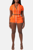 Casual Sportswear Zipper Short Sleeve Hooded Crop Tops And Shorts Two Pieces Shorts Sets