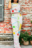 Casual Geometric Print O Neck Short Sleeve Pocket Crop T-shirt  And Straight Leg Pants Two Pieces Tourser Sets
