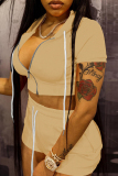 Casual Sportswear Zipper Short Sleeve Hooded Crop Tops And Shorts Two Pieces Shorts Sets