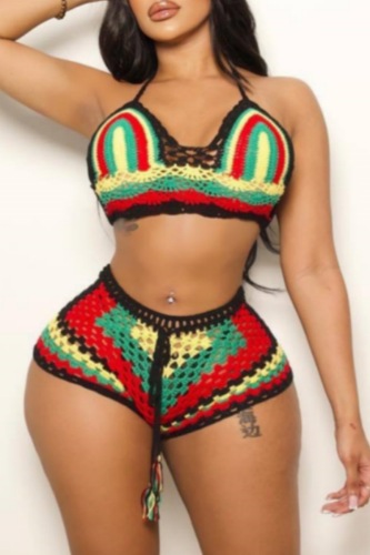 Sexy Colorblock Backless Hollow Out Lace Up Bikini Sets Beach Vacation Swimwears