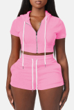 Casual Sportswear Zipper Short Sleeve Hooded Crop Tops And Shorts Two Pieces Shorts Sets
