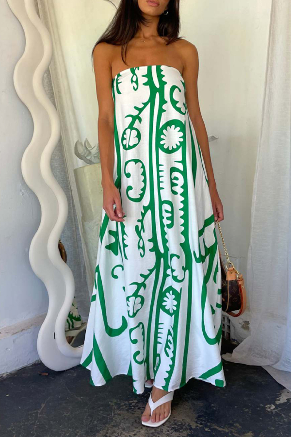 Sexy Geometric Print Strapless Sleeveless Vacation Tube A Line Maxi Dresses
