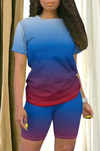 Casual Ombre Flag Star Print O Neck Short Sleeve Oversize T-shirt Tops And Shorts Two Pieces Shorts Sets