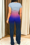 Casual Ombre Print O Neck Short Sleeve Pocket Crop T-shirt  And Straight Leg Pants Two Pieces Tourser Sets