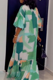 Casual Graphics Print Tie Neck Hubble-Bubble Sleeve Lace Up Ruffle Hem Baggy Floor Length Vacation Maxi Dresses