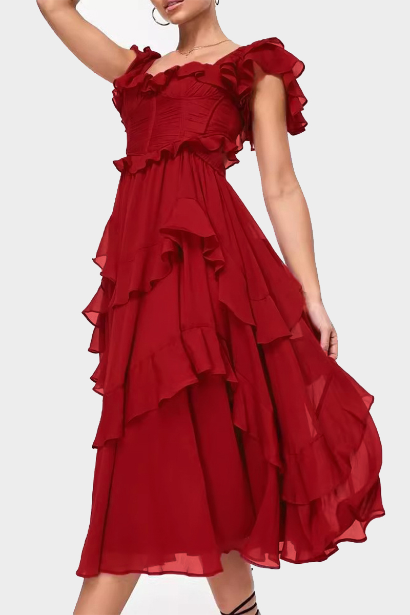 Wholesale Sexy Backless Ruched Ruffled Sleeve V Neck Tiered Ruffle Hem ...