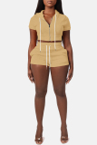 Casual Sportswear Zipper Short Sleeve Hooded Crop Tops And Shorts Two Pieces Shorts Sets